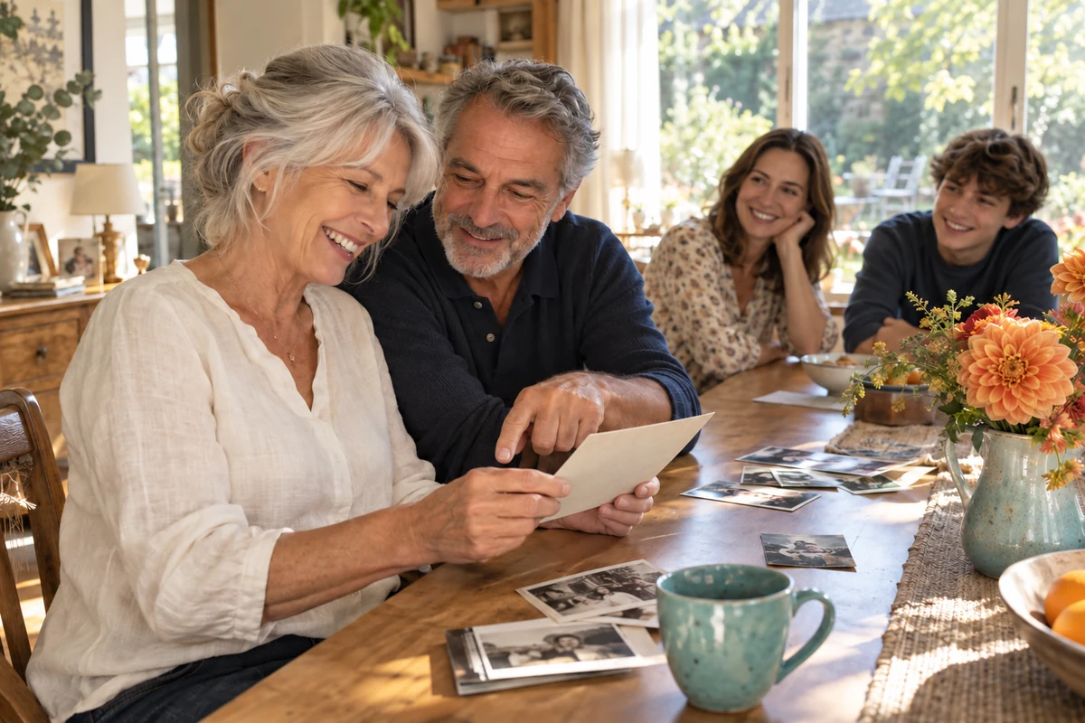 Illustration : un couple retrouve ses anciennes photos avec sa famille pour célébrer son anniversaire de mariage.