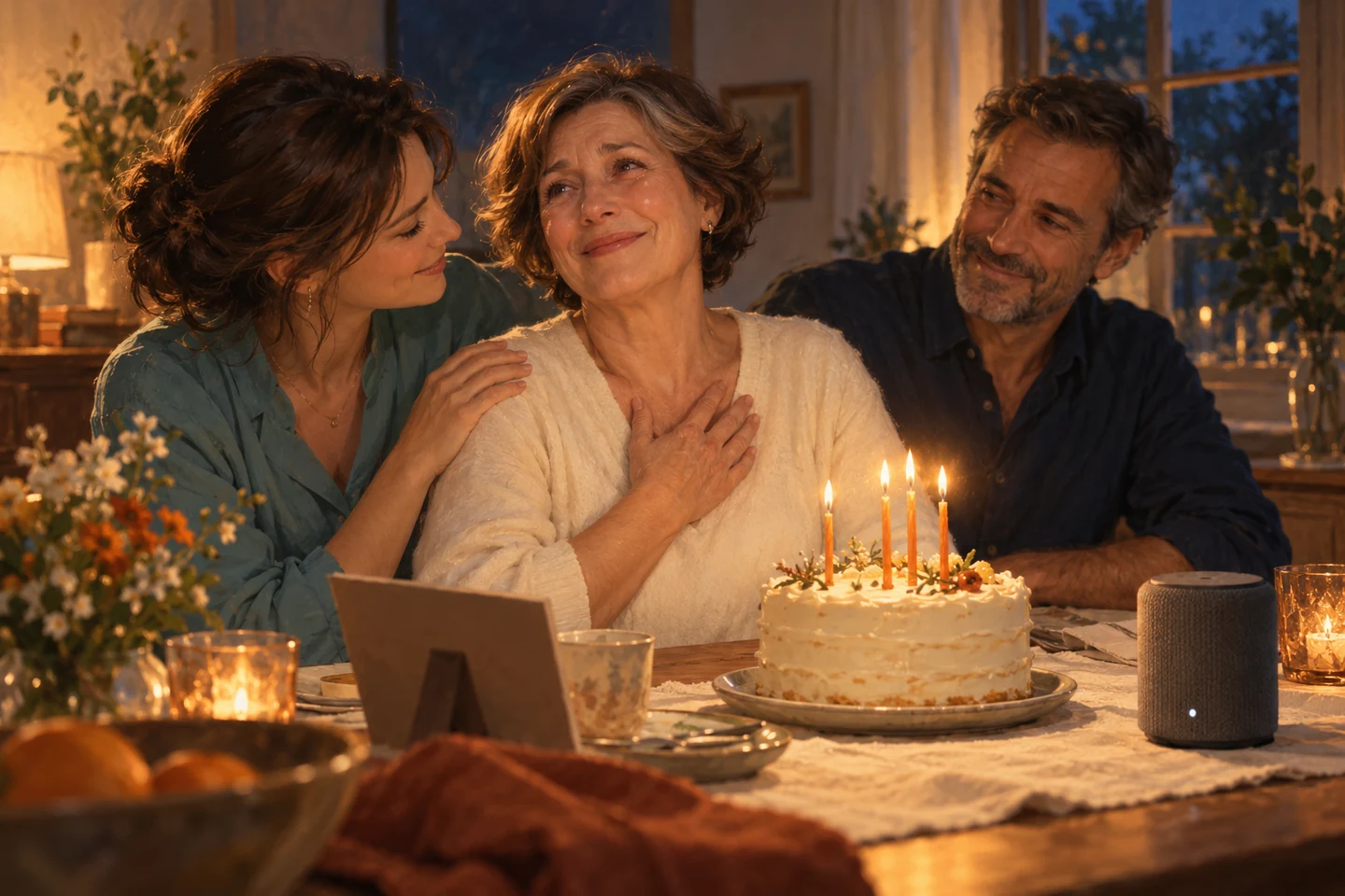 Illustration d’une femme émue découvrant sa chanson d’anniversaire, entourée de ses proches à la lumière des bougies.