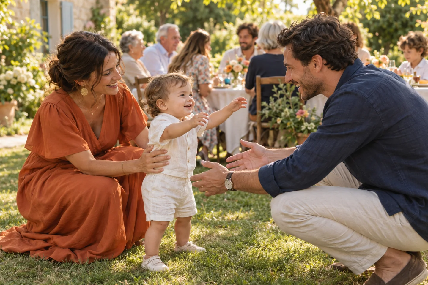 Illustration d’un enfant entouré de ses proches lors d’une fête de baptême dans un jardin.