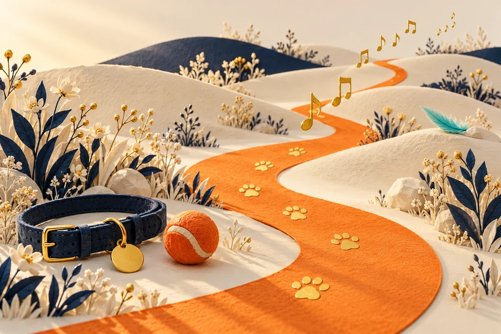 Un chemin orange où des empreintes de pattes se transforment en notes de musique dorées.