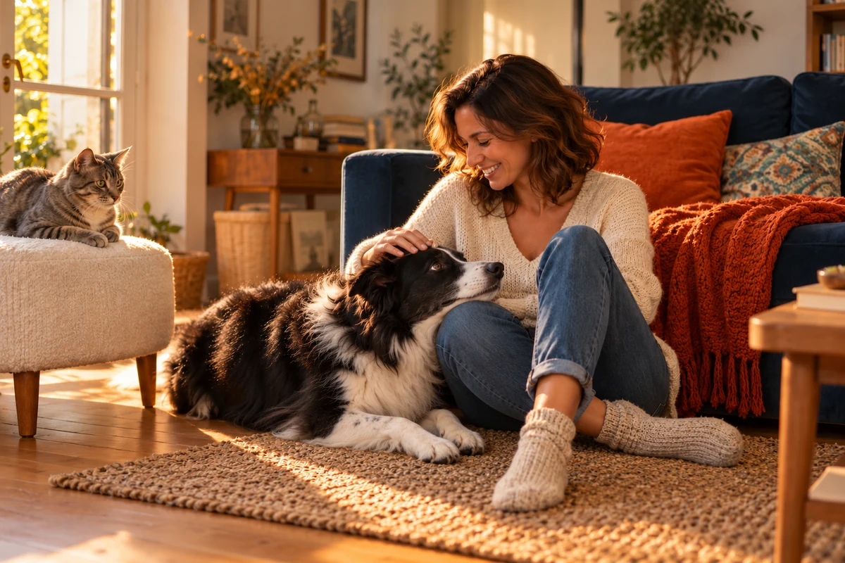 Un chien repose tendrement sa tête sur le genou de sa maîtresse, qui le caresse, près d’un chat dans un salon chaleureux.