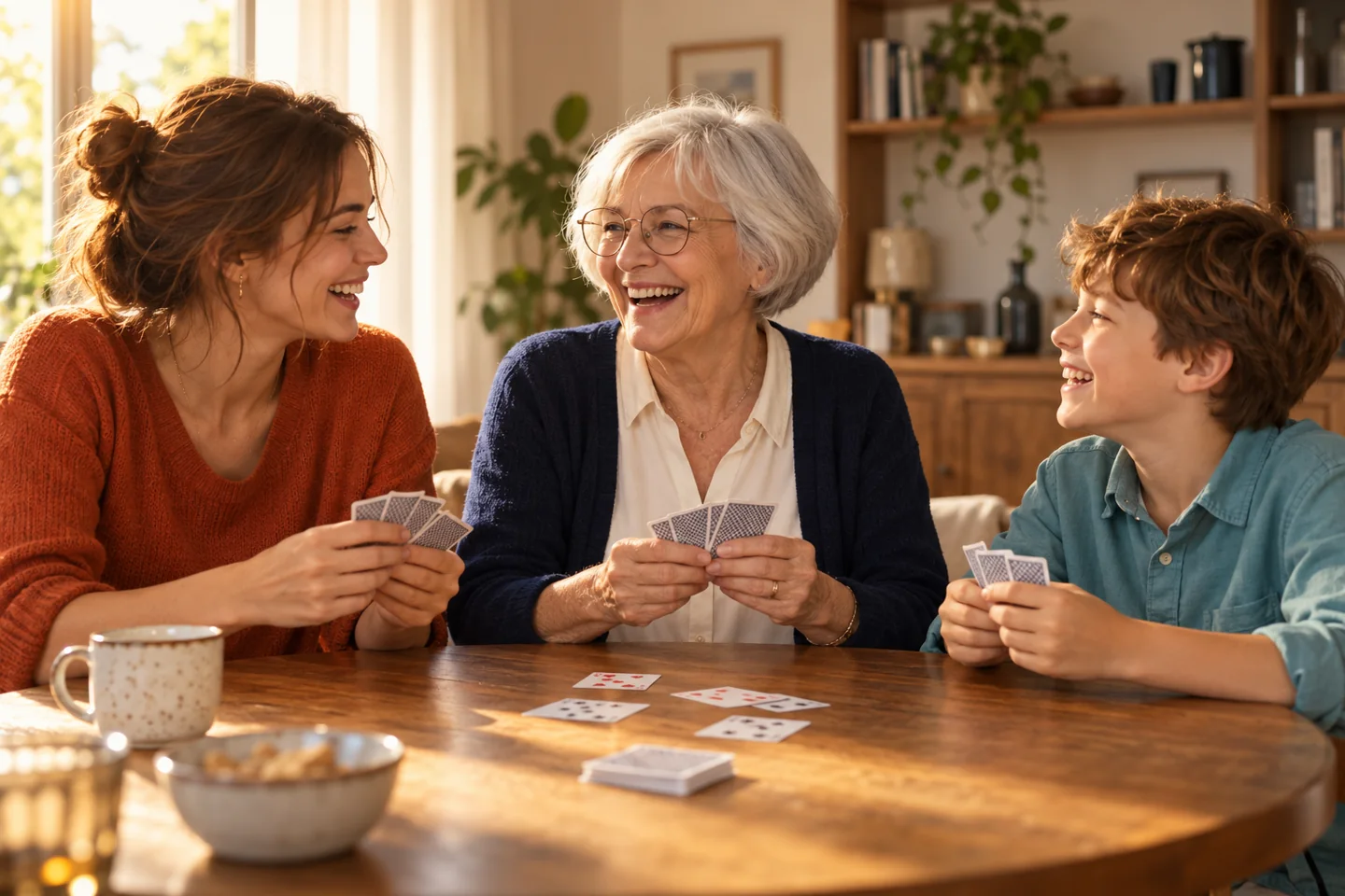 Illustration d’une grand-mère et de ses deux petits-enfants partageant une partie de cartes et un rire en famille.