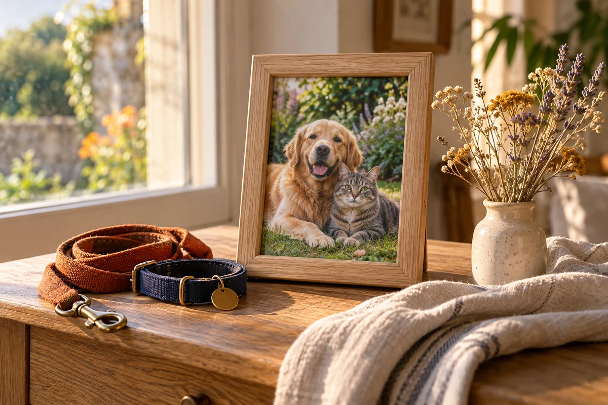Un cadre avec la photo d’un chien et d’un chat, un collier et une laisse, près d’une fenêtre ensoleillée.