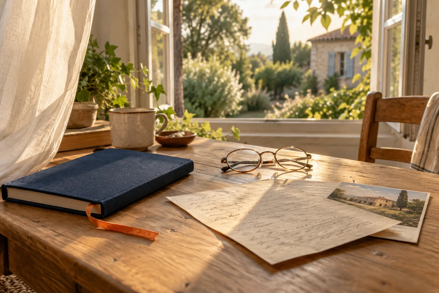 Illustration de lettres, d’un carnet bleu et de lunettes conservés sur une table près d’une fenêtre lumineuse, évoquant les souvenirs d’une vie.