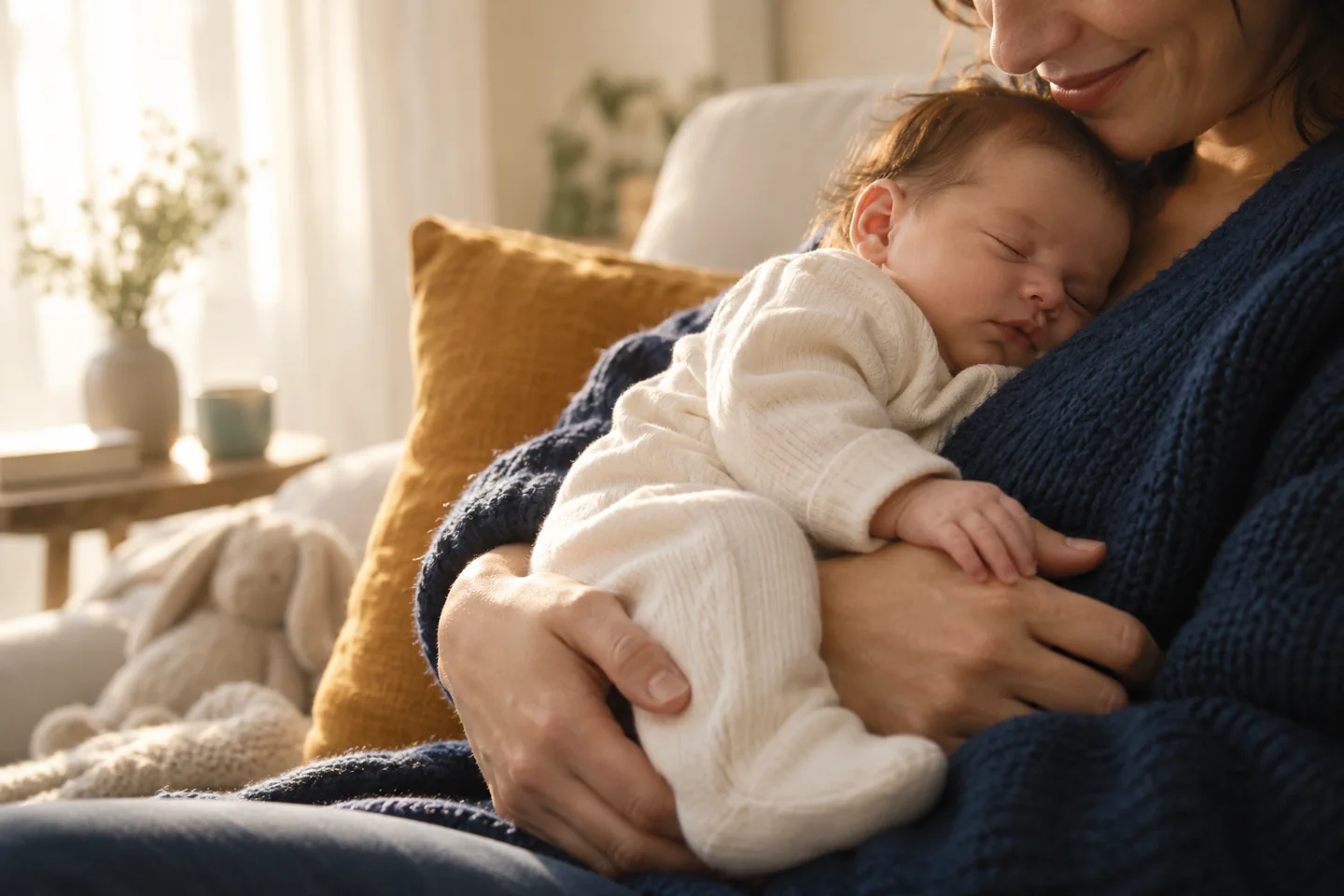 Illustration d’un nouveau-né endormi dans les bras de son parent, dans une lumière douce et chaleureuse.
