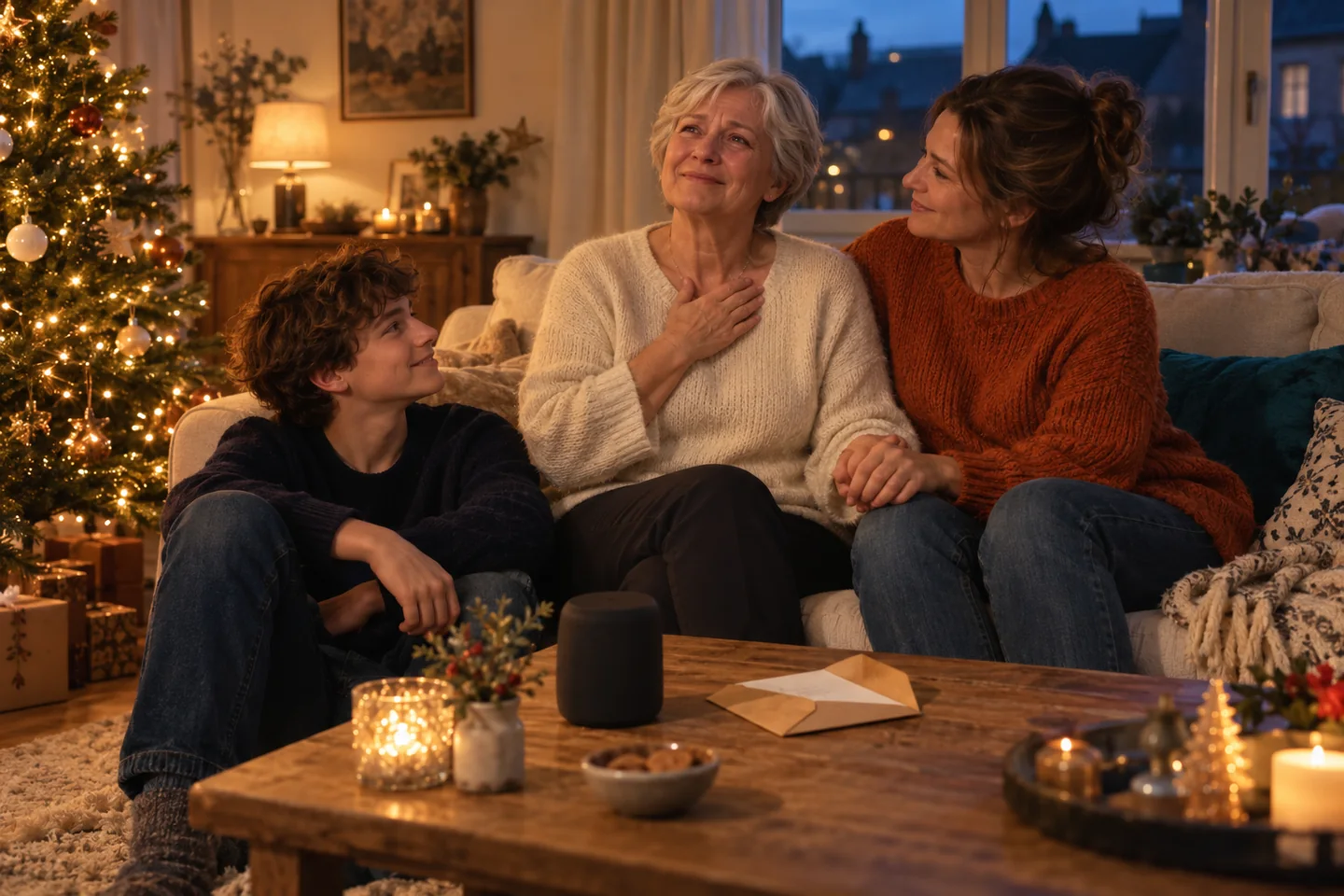 Illustration d’une famille réunie près du sapin pour découvrir une chanson offerte à Noël.