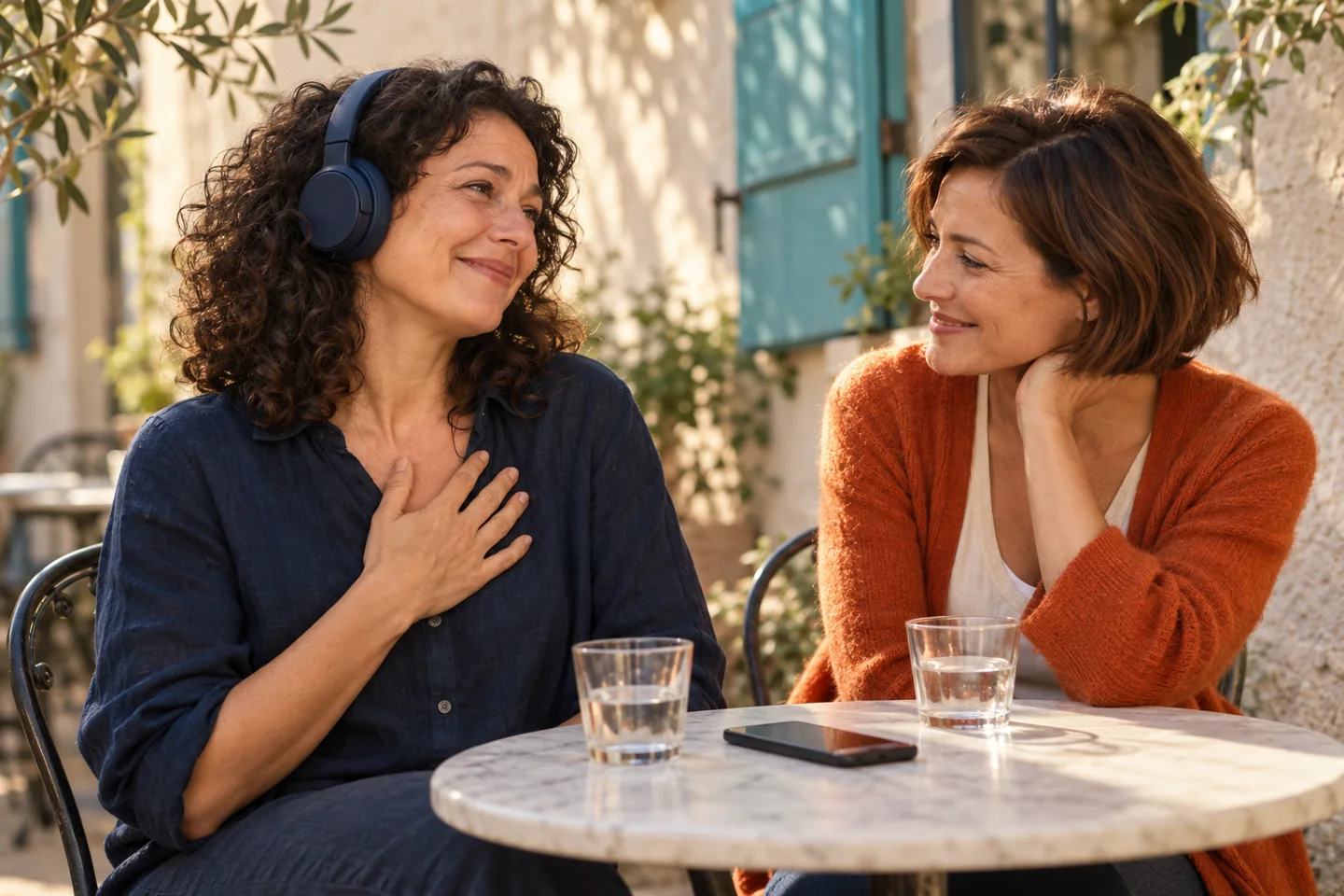 Illustration de deux amies partageant la découverte d’une chanson, l’une l’écoutant au casque sur une terrasse ensoleillée.