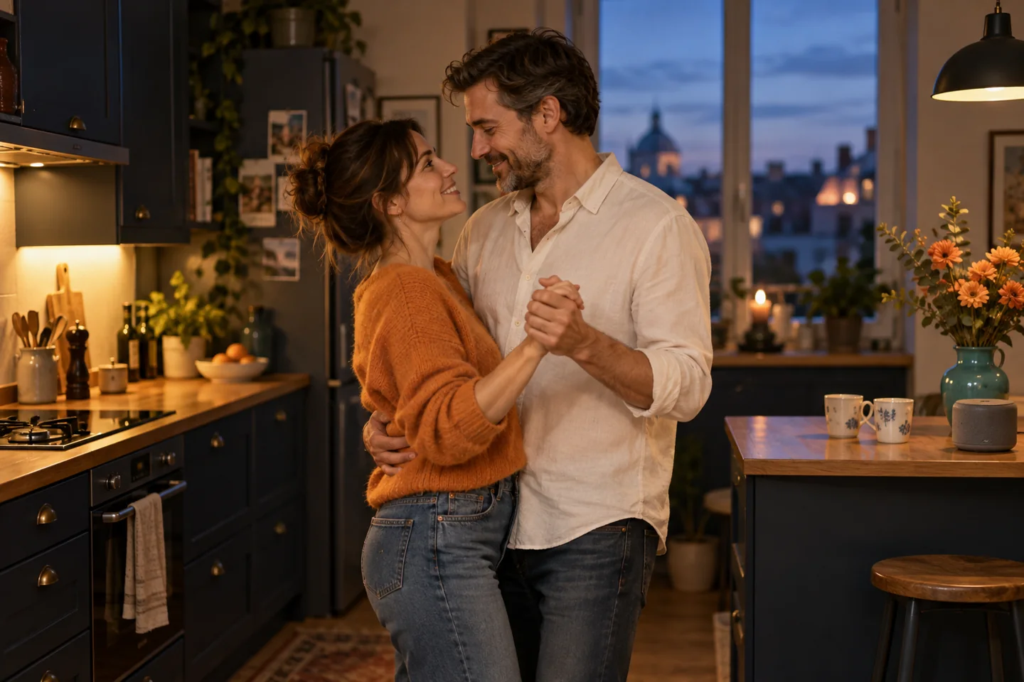 Illustration d’un couple partageant une danse improvisée dans une cuisine à la lumière chaleureuse.