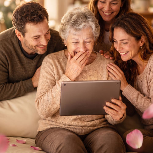 Image montrant une famille heureuse de découvrir sa Projet Dernière voix - famille qui découvre sa vidéo personnalisée par IA grâce à dernièreVoix.fr